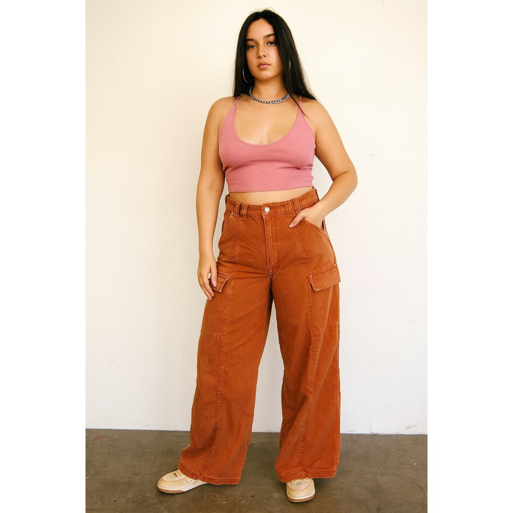 Hudson Mid-Rise Utility Wide-Leg Cargo‎ Pants Womens 28 Caramel Cafe Linen Blend